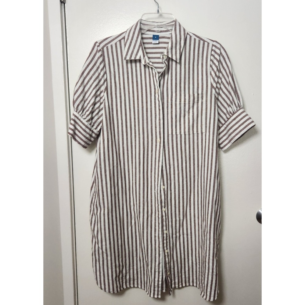 Old Navy Puff Sleeve Linen Blend Shirt Dress Sand Stripe M Short Sleeve Cover Up